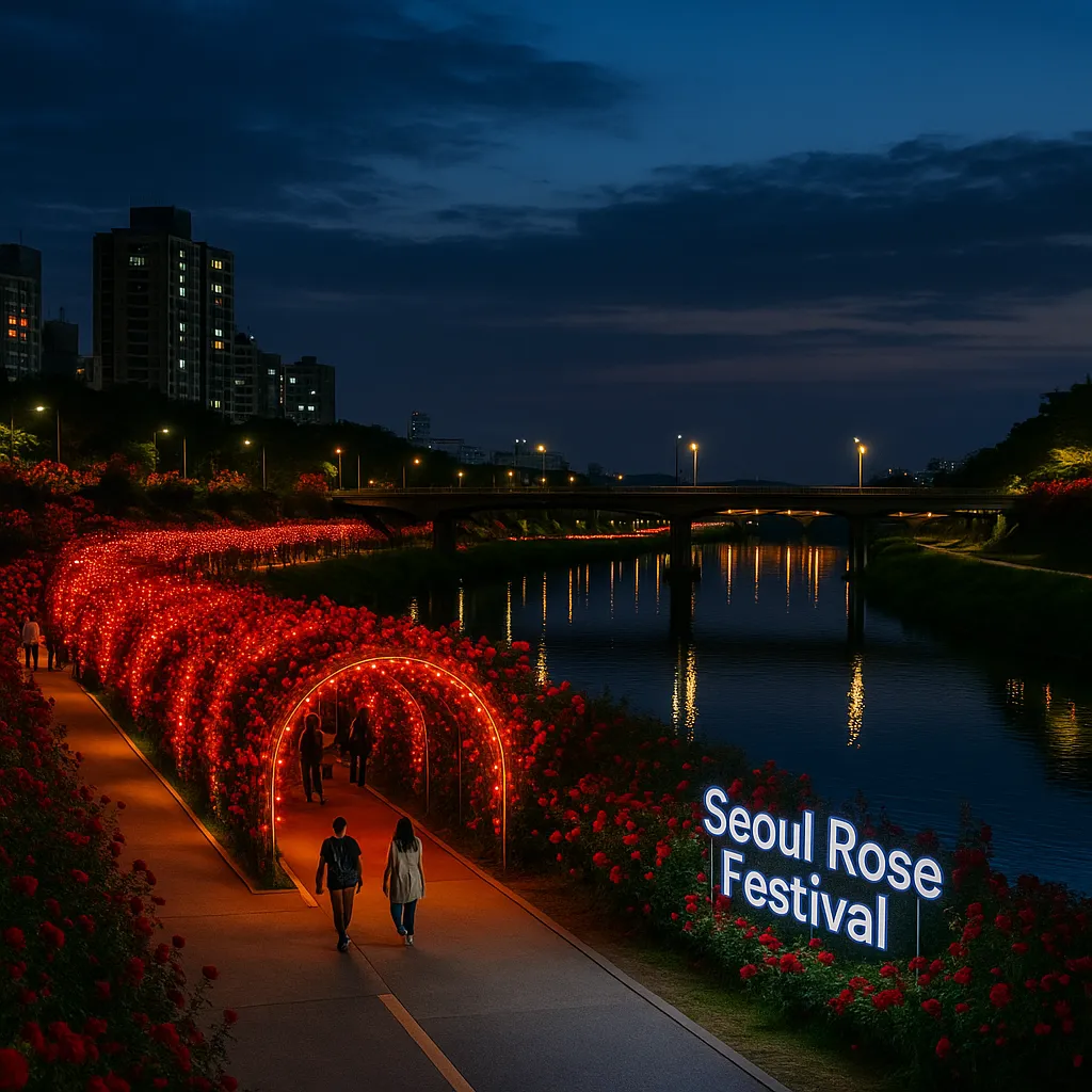 해질 무렵 조명이 켜진 중랑 서울장미축제의 야경 전경