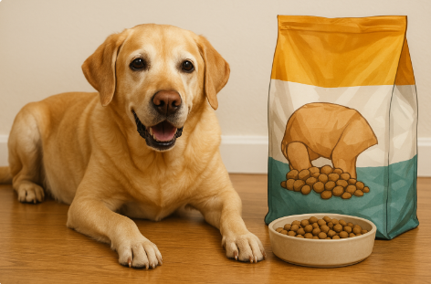 사료를 받고 좋아 하는 리트리버 모습