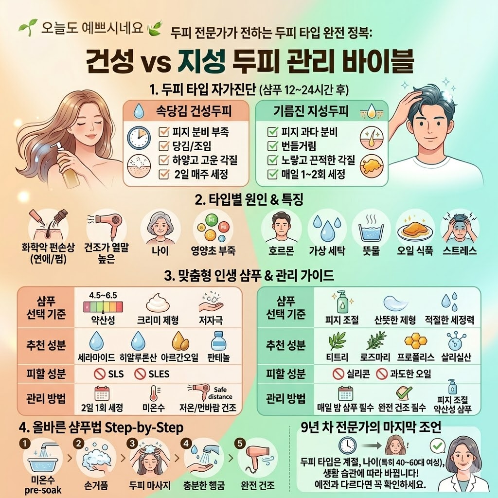 블로그 '오늘도 예쁘시네요'의 두피 전문가가 전하는 두피 타입 완전 정복: '건성 vs 지성 두피 관리 바이블' 인포그래픽 이미지입니다.

상단에는 1단계 두피 타입 자가진단 항목으로 속당김 건성두피(피지 분비 부족, 당김/조임, 하얗고 고운 각질)와 기름진 지성두피(피지 과다 분비, 번들거림, 노랗고 끈적한 각질)의 특징이 여성&middot;남성 일러스트와 함께 대조되어 있습니다. 2단계에서는 잦은 염색&middot;펌, 드라이어 열, 나이, 호르몬, 스트레스 등 타입별 원인을 아이콘으로 보여줍니다.

중단인 3단계 '맞춤형 인생 샴푸 &amp; 관리 가이드'에서는 건성용(약산성, 크리미 제형, 세라마이드&middot;히알루론산 추천, SLS&middot;SLES 배제)과 지성용(피지 조절, 산뜻한 제형, 티트리&middot;로즈마리 추천, 실리콘 배제) 선택 기준과 관리법이 테이블로 정리되어 있습니다.

하단 4단계에는 미온수 적시기, 손거품 내기, 두피 마사지, 충분한 헹굼, 완전 건조로 이어지는 올바른 샴푸법 5단계가 순서대로 나와 있으며, 우측 하단에는 9년 차 전문가의 조언(나이&middot;계절&middot;호르몬에 따른 두피 타입 변화 주의)이 인물 일러스트와 함께 강조되어 있습니다.