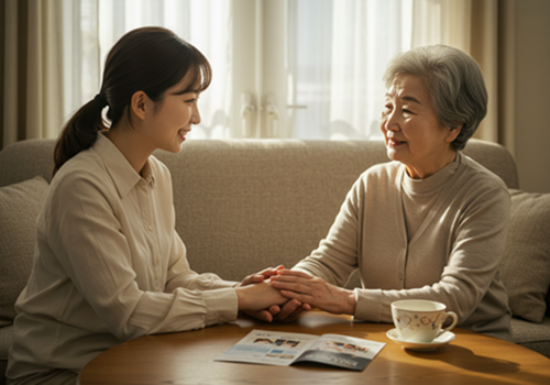 손녀가 할머니의 손을 잡고 따뜻하게 미소 짓는 모습, 장기요양등급 신청의 필요성을 보여줌.