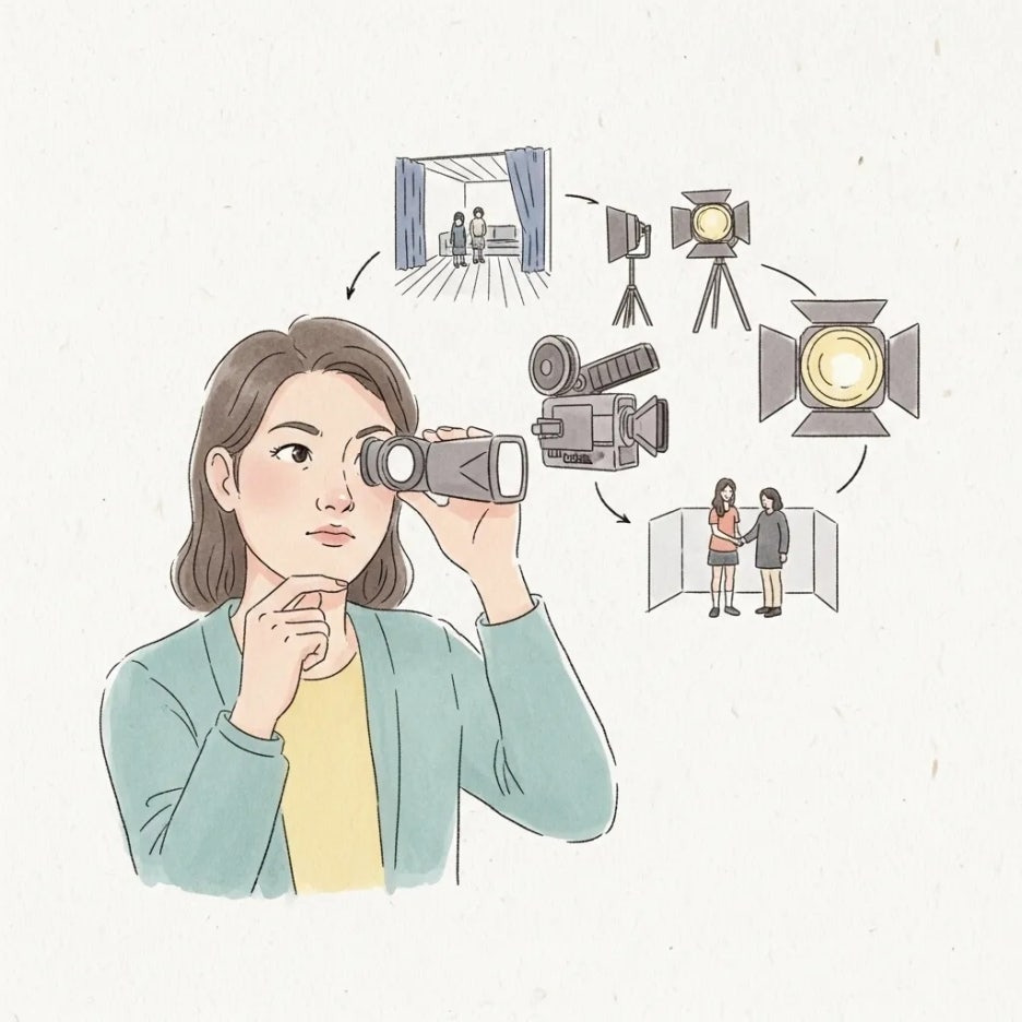 감독이 카메라로 영화 장면을 구상하는 모습