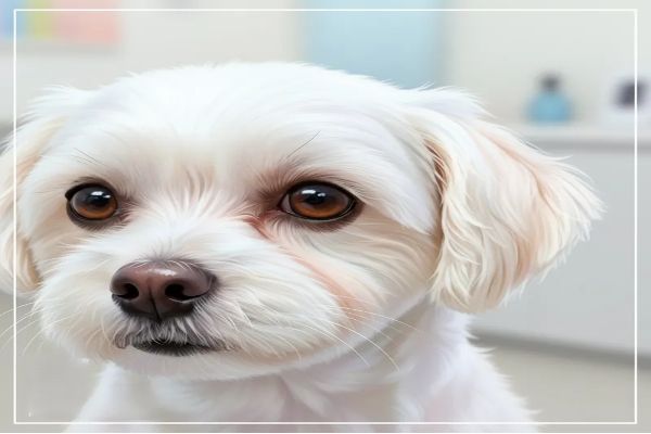 눈물 자국과 눈을 찌르는 털로 불편해 보이는 반려견의 눈