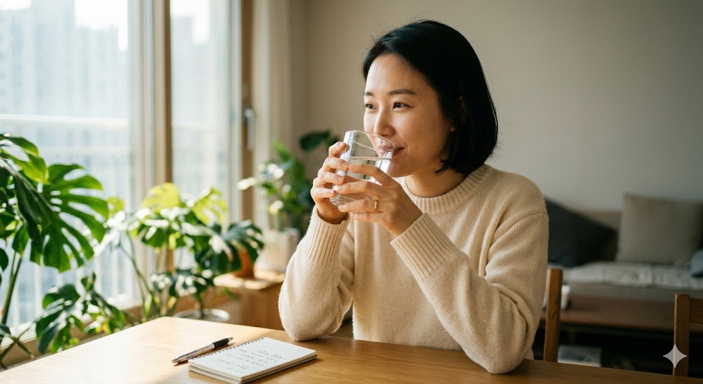 창가에서 미지근한 물을 한 모금씩 천천히 마시며 건강한 수분 섭취 습관을 실천하고 있는 평온한 모습