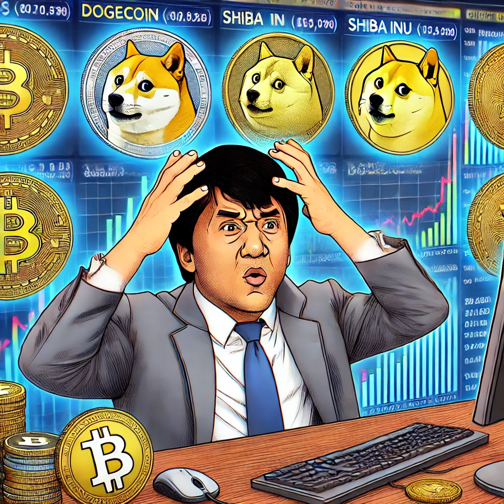 "여러 개의 밈코인 투자 옵션을 분석하는 혼란스러운 투자자. 컴퓨터 화면에는 도지코인, 시바이누, 기타 인기 밈코인이 표시됨."