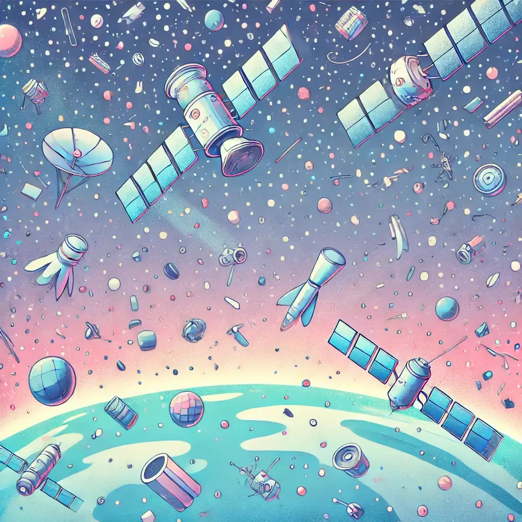 우주쓰레기를 형상화한 그림, 인공위성과 각종 기계부품들이 우주를 부유하고 있다.