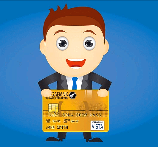 검정 양복을 입은 젊은 남자가 커다란 황금색 은행카드를 두 손으로 들고 있는 그림이다.