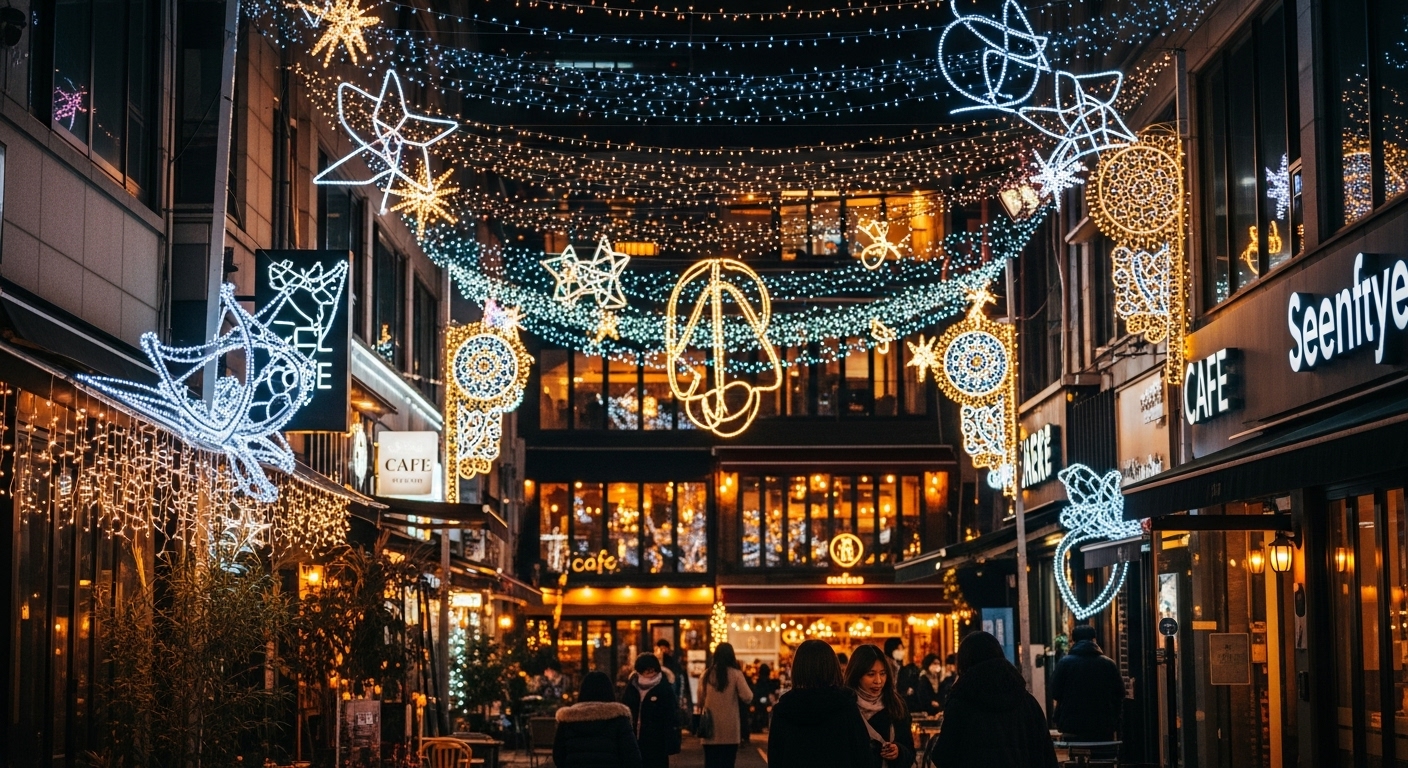 서면 빛축제의 트렌디한 도심 분위기. 좁은 골목길에 다채로운 조명과 불빛이 빛나고, 주변 카페와 상점들이 어우러져 활기찬 모습을 연출한다.