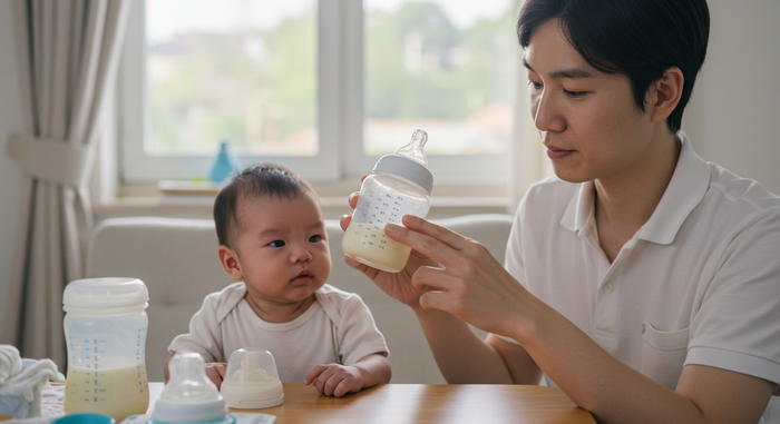 아빠가 분유량 확인하는 장면