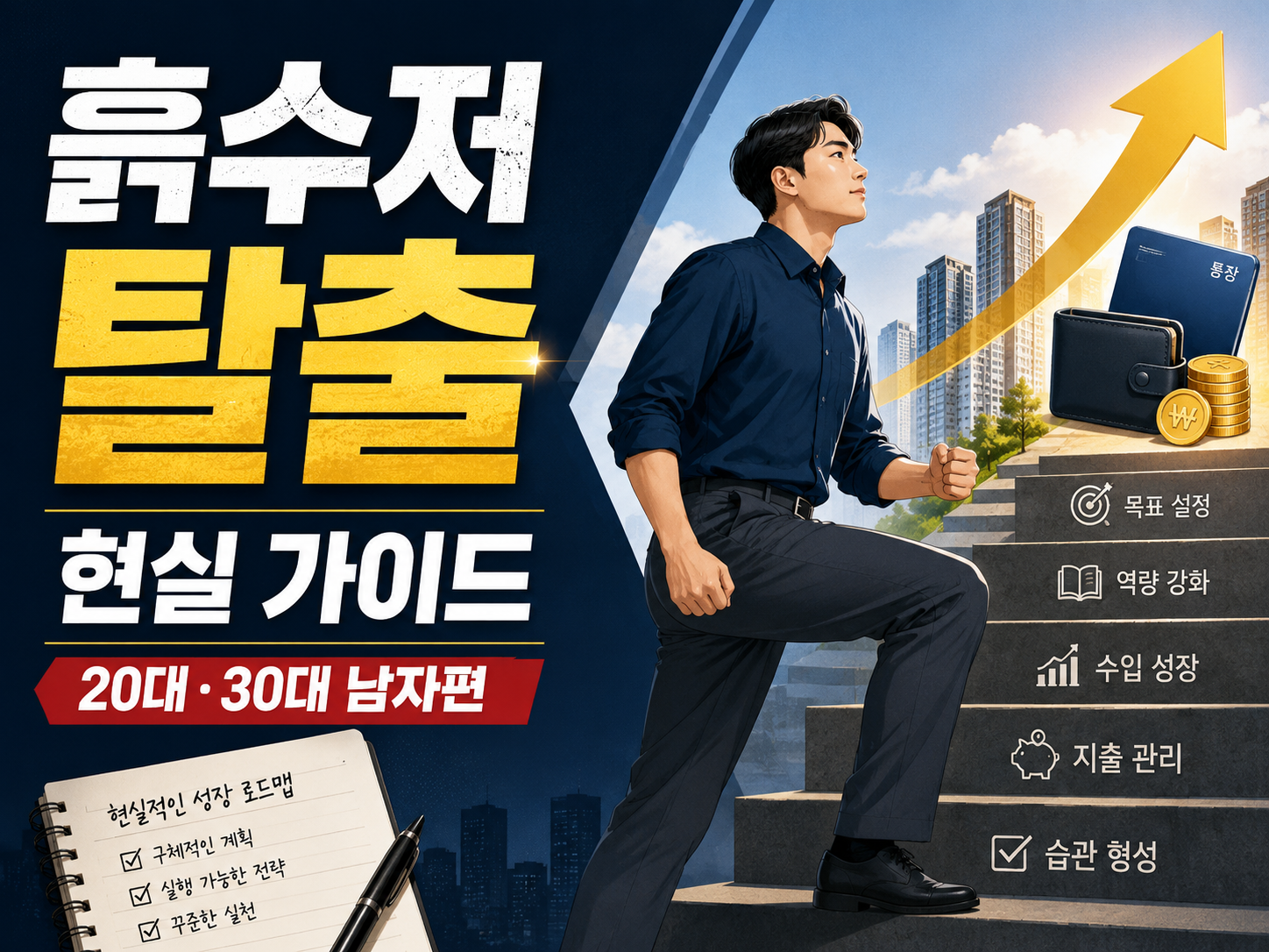 흙수저 탈출 현실 가이드를 주제로 한 썸네일 이미지, 20대 30대 남성이 계단을 오르며 목표 설정, 역량 강화, 수입 성장, 지출 관리를 실천하는 모습