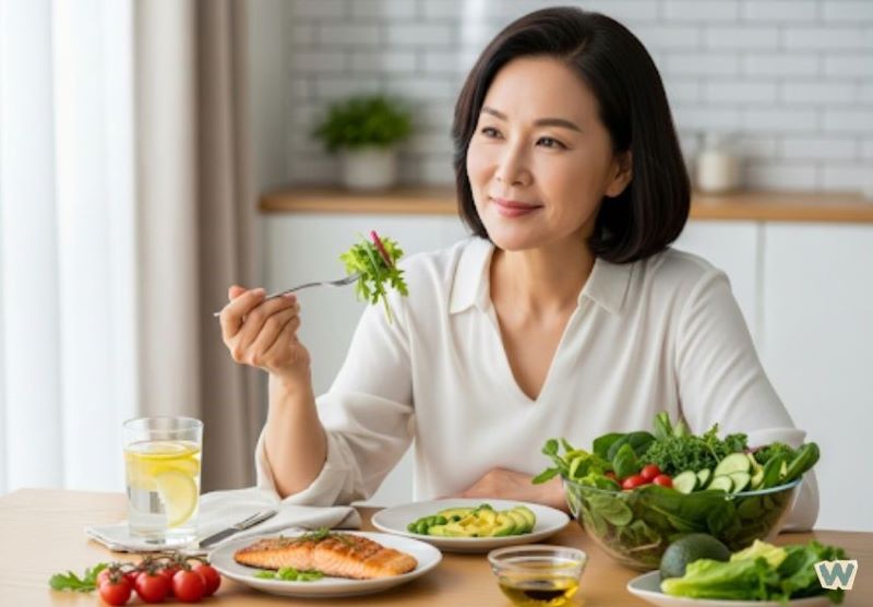 중년 여성이 갱년기 건강을 위해 항산화 식품으로 구성된 건강한 식사를 하는 모습 via Gemini