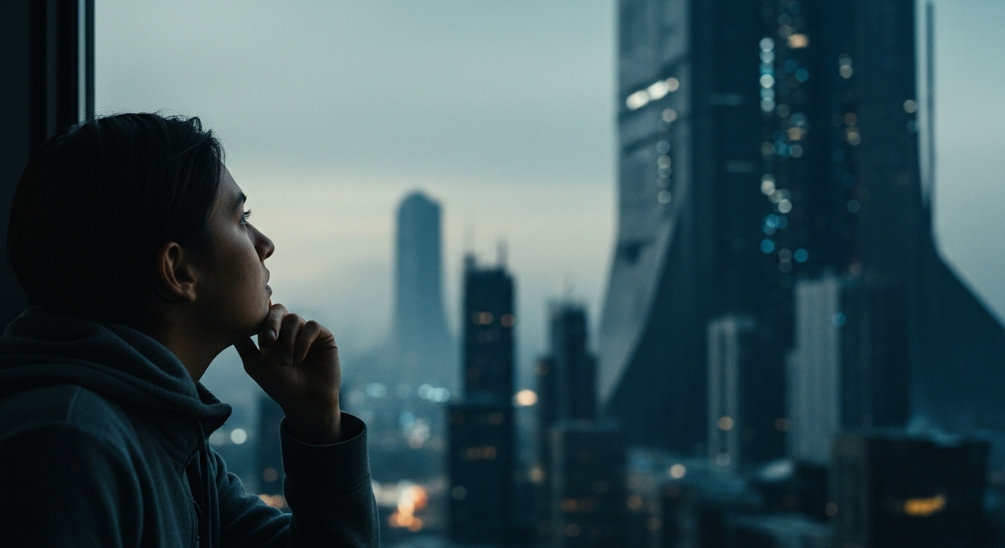 미래 도시를 바라보며 사색에 잠긴 사람의 모습. AI 기술 발전 속에서 인간이 마주할 철학적, 윤리적 질문을 암시.