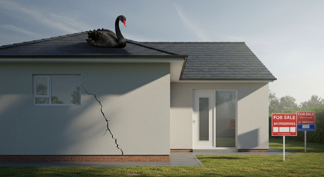 금이 간 신축 주택 위에 앉은 검은 백조와 'For Sale' 표지판