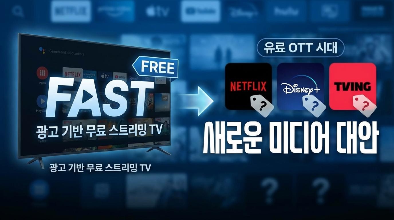 유료 OTT 시대의 새로운 미디어 대안으로 떠오른 광고 기반 무료 스트리밍 TV(FAST)를 소개하는 이미지. 좌측에는 무료(FREE) FAST가, 우측에는 넷플릭스, 디즈니플러스, 티빙 등 유료 OTT 서비스가 배치되어 있어 대안 관계를 보여준다.