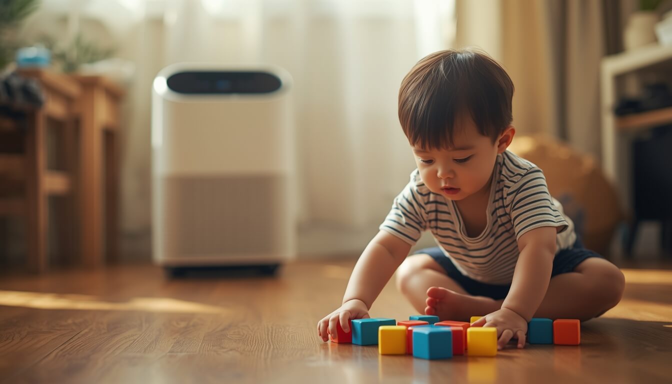 깨끗한 거실에서 공기청정기와 함께 놀고 있는 아이