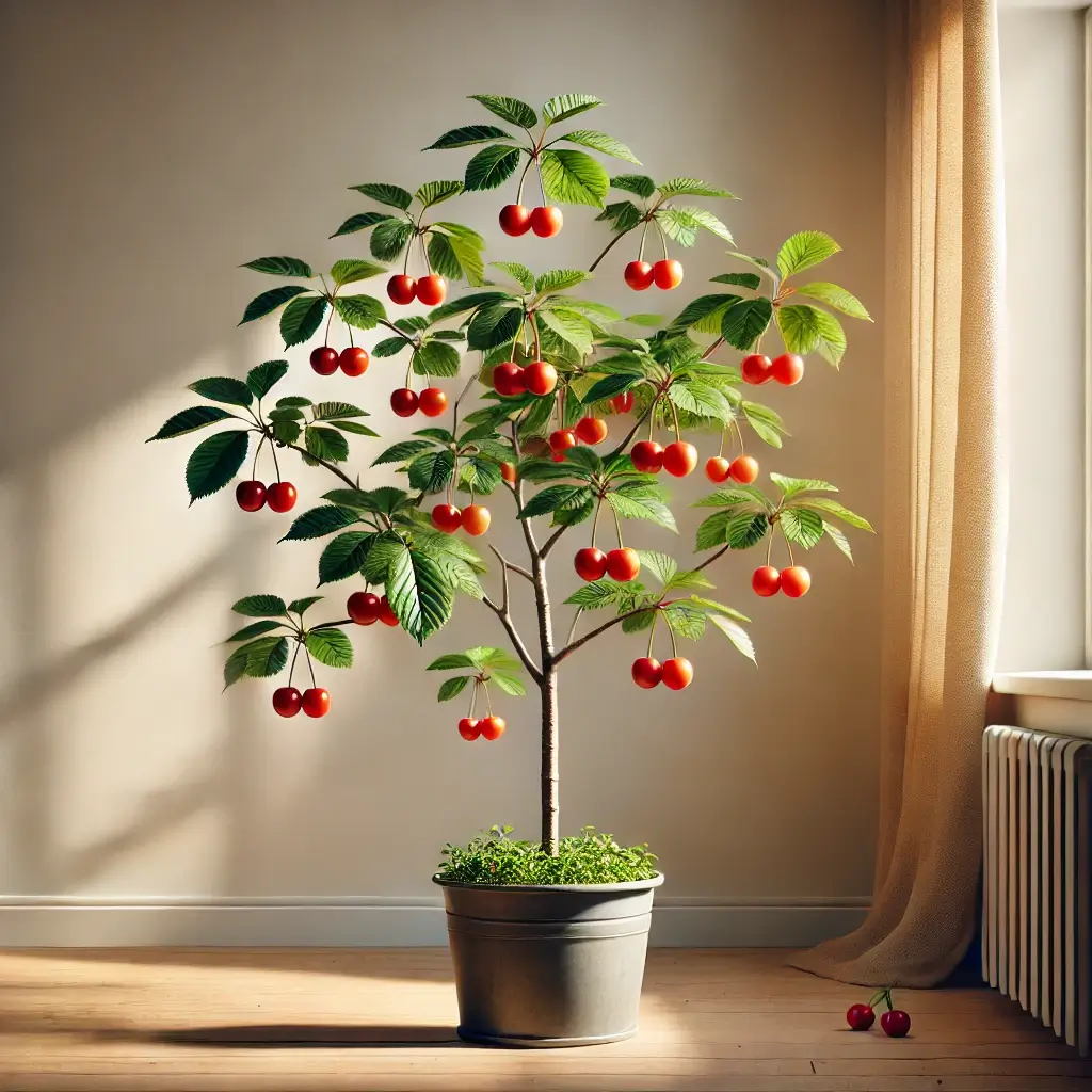 햇빛이 비치는 작은 화분의 체리나무