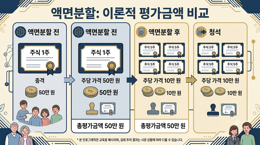 액면분할 전 주식 1주와 분할 후 주식 5주의 이론적 평가금액 비교