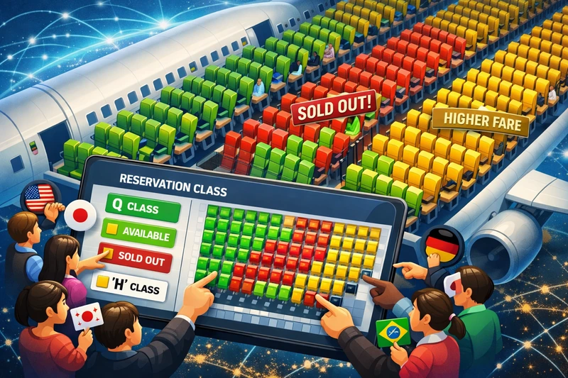 항공기 객실을 위에서 본 등각 일러스트로, 좌석이 예약 클래스에 따라 서로 다른 색으로 구분되어 있다. 전면 화면에서는 저가 Q 클래스 좌석이 빠르게 매진으로 바뀌고 있으며, 세계 여러 국가를 상징하는 이용자 아이콘들이 동시에 좌석 지도를 확인하는 모습이 표현되어 있다. 남아 있는 H 클래스 좌석은 더 높은 요금으로 표시되어 있다.