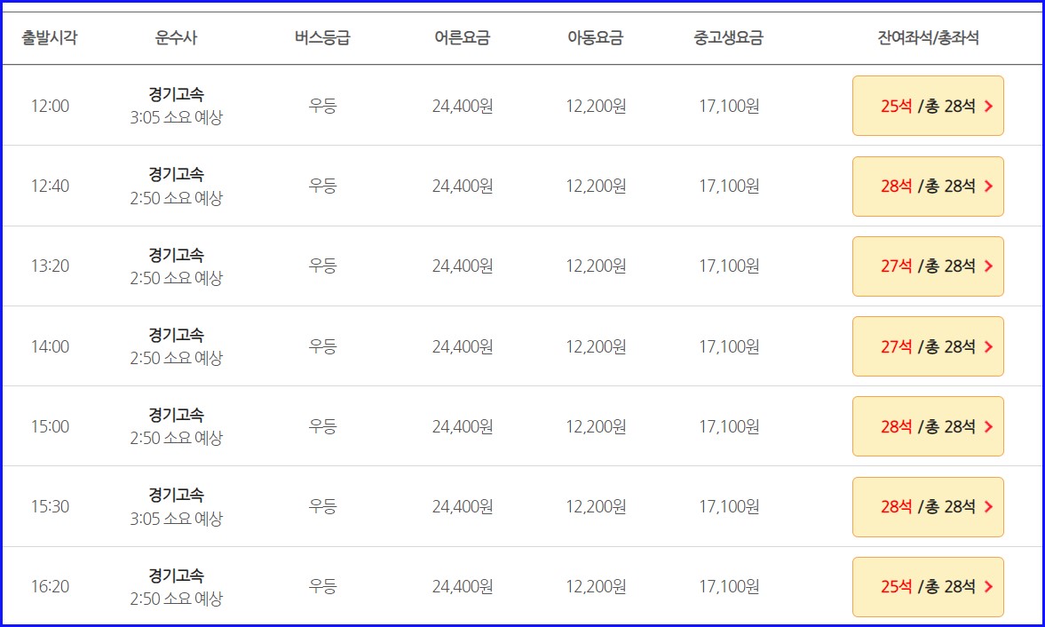 고속버스 동서울터미널 시간표 예매 주차