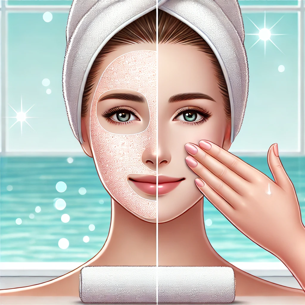 부드러운 각질 제거 후 피부가 매끈해진 모습. 얼굴 한쪽이 각질 제거 후 깨끗하고 맑게 변화한 모습을 강조하는 장면