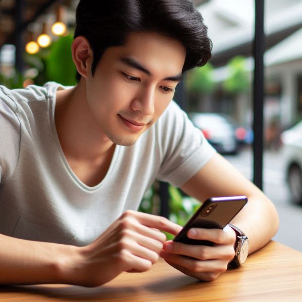 젊은 남성이 스마트폰으로 인터넷을 하고 있다.