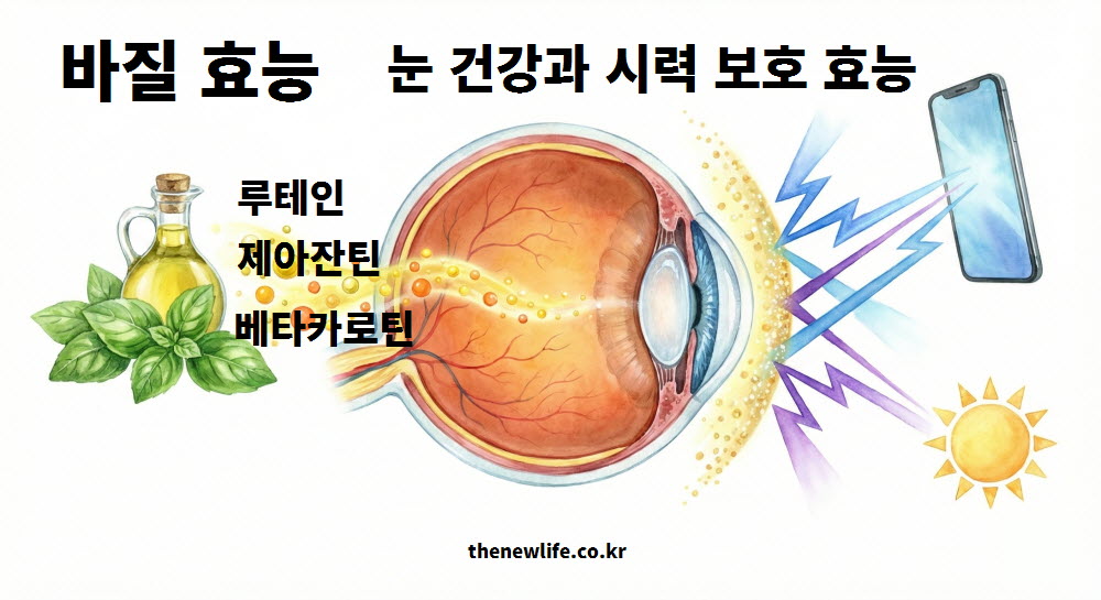 시력 저하를 막고 눈의 피로를 풀어주는 눈 건강 지킴이 바질 효능 일러스트