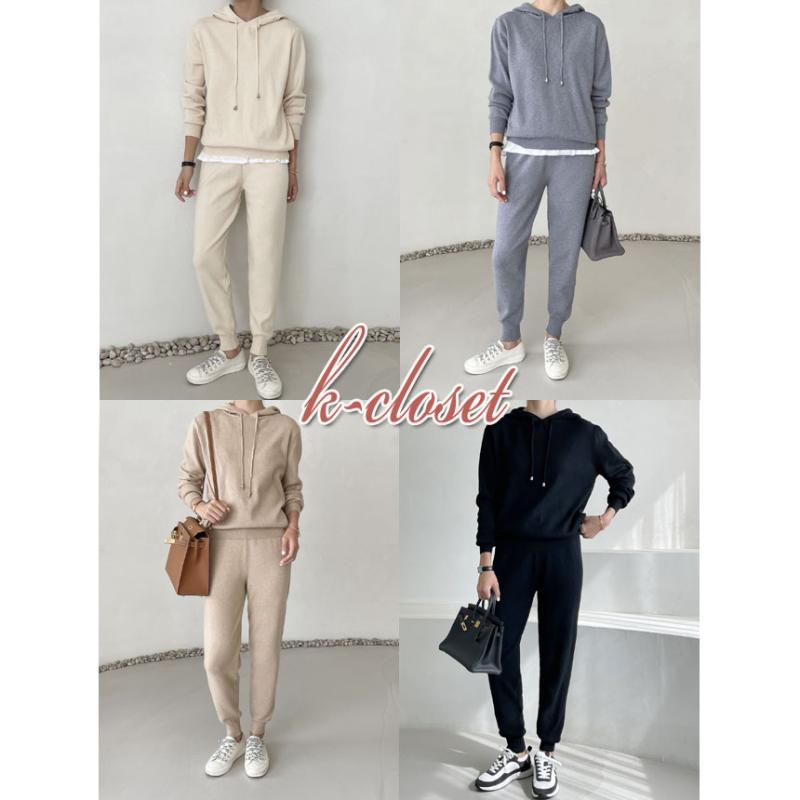 여성 니트 후드 조거 팬츠 엄마등원룩 상하 꾸안꾸룩 며느리룩 셋업 투피스 트레이닝 세트