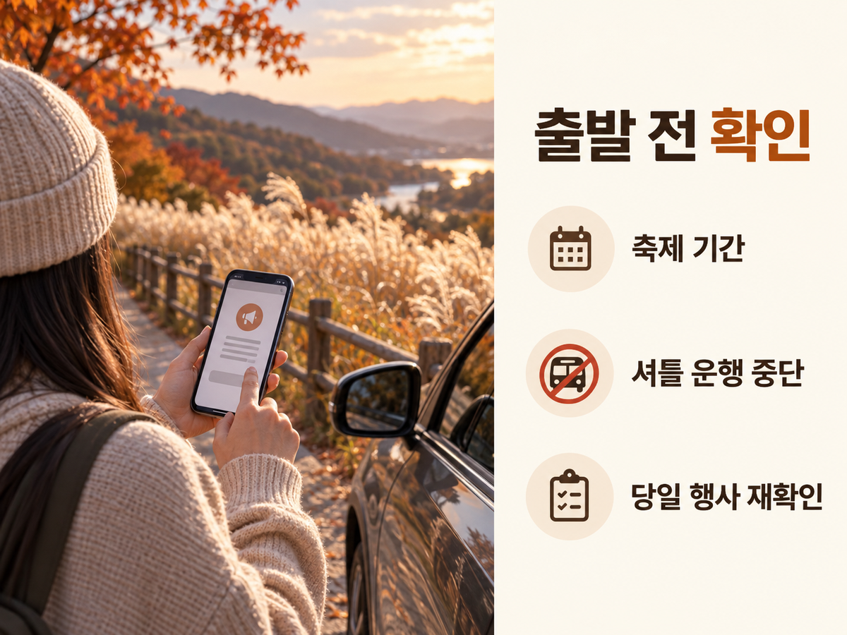 축제 기간과 셔틀 중단, 당일 행사 재확인 순서를 설명하는 출발 전 확인 이미지