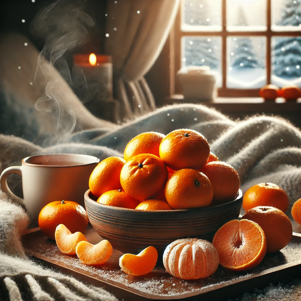 겨울철 대표 간식인 귤을 침대 위에 올려놓고 먹는 장면