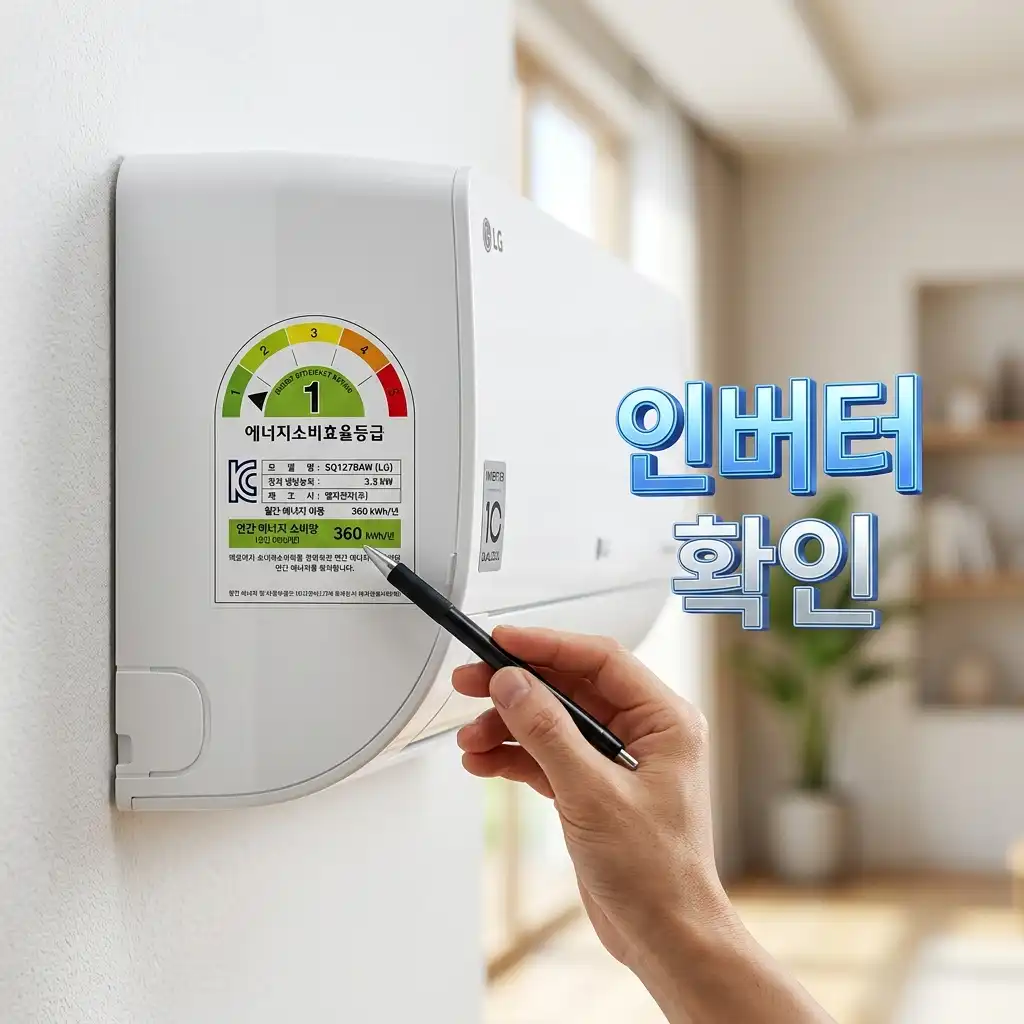 우리 집 에어컨이 인버터형인지 정속형인지 확인하기 위해 측면에 부착된 소비전력 라벨을 자세히 살펴보는 모습입니다.