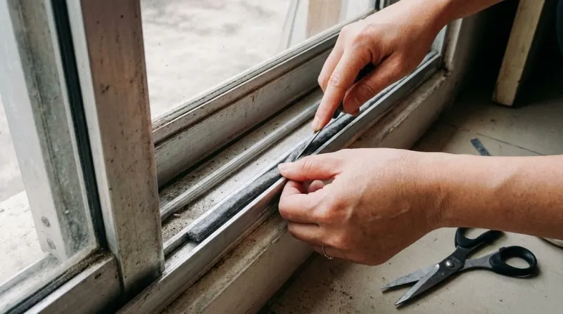 창문 틈새 외풍을 차단하기 위해 문풍지를 셀프 시공하는 손