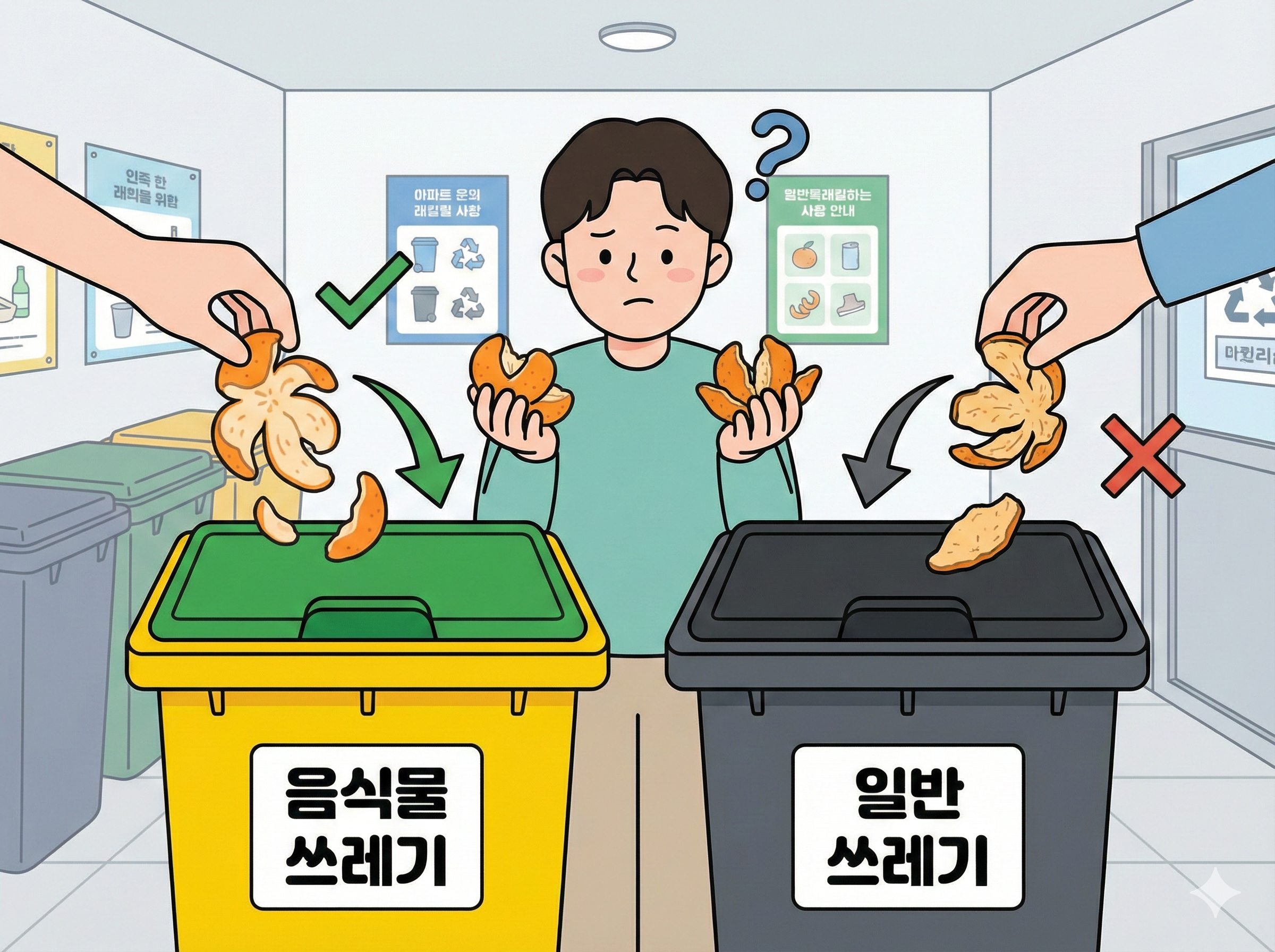 한국의 음식물 쓰레기와 일반 쓰레기 분리배출 기준을 설명하는 일러스트