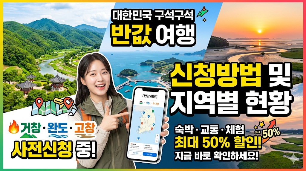 대한민국 구석구석 반값 여행 신청방법 및 지역별 현황 (거창 완도 고창 사전신청 중)