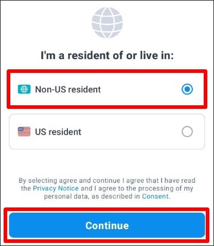 Non-US 거주지와 US 거주지 선택할수 있는 창