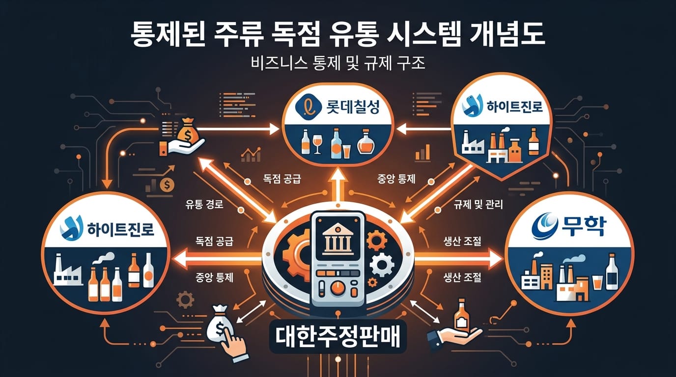 대한주정판매 소주 원액 독점 배급 시스템 구조를 설명하는 인포그래픽