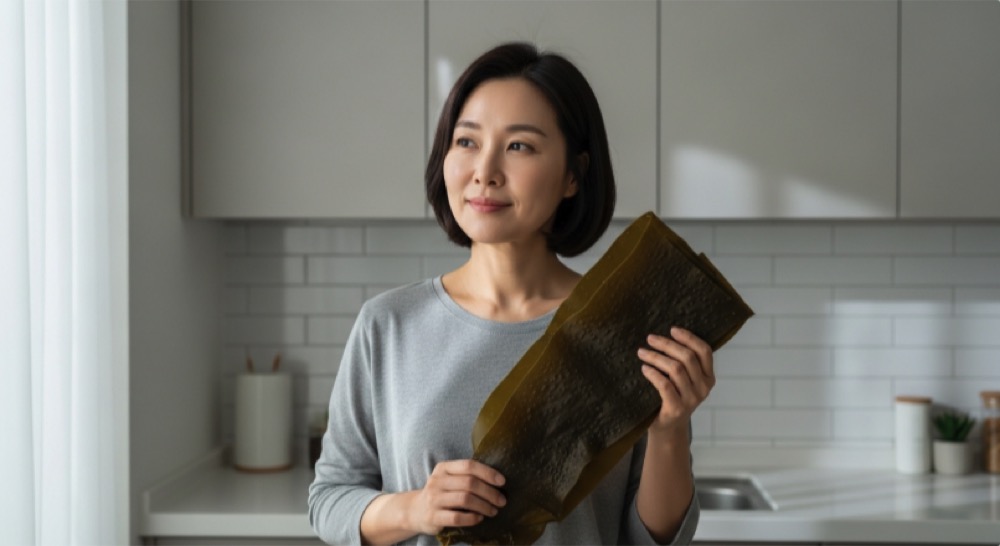 다시마를 보며 건강 관리를 고민하는 모습