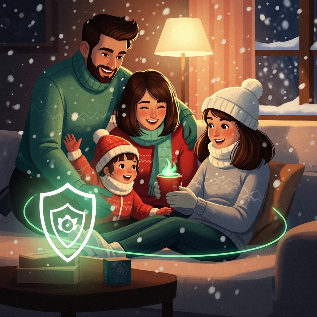 2025년 눈 내리는 겨울, 따뜻한 실내에서 행복하게 웃고 있는 가족의 모습. 가족을 감싸는 은은한 초록빛 보호막이 건강과 면역력을 상징합니다.