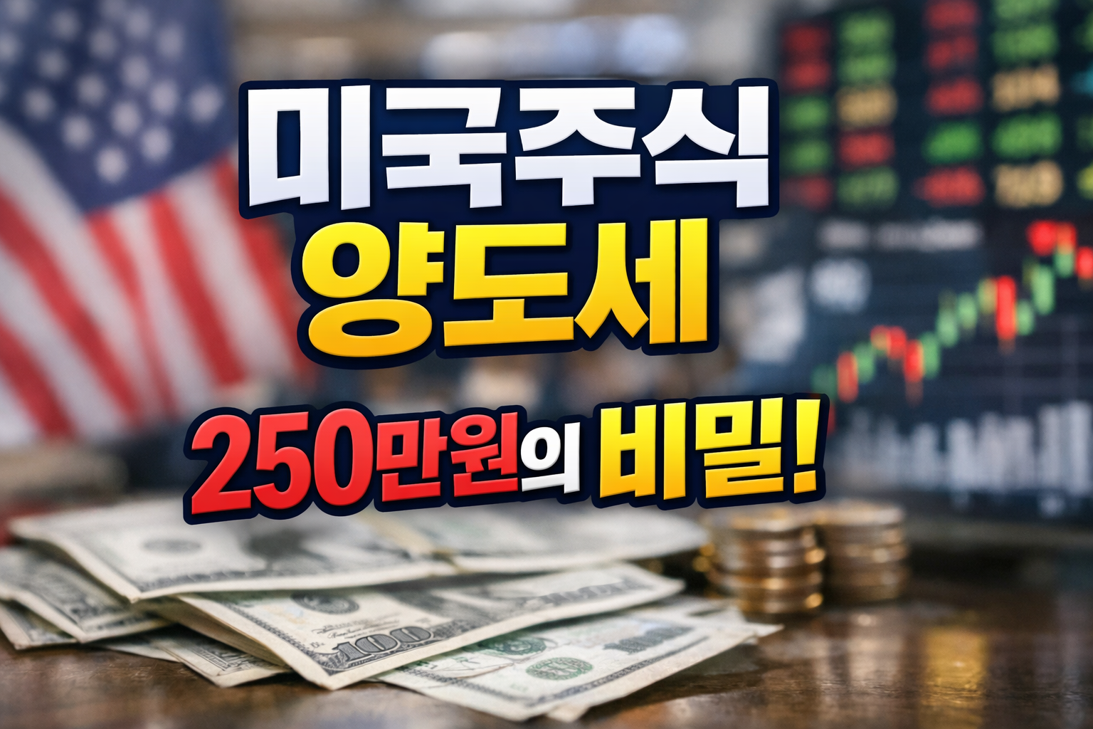 미국주식 양도소득세 250만 원 기본공제 기준을 설명하는 이미지, 달러 지폐와 주식 차트 배경