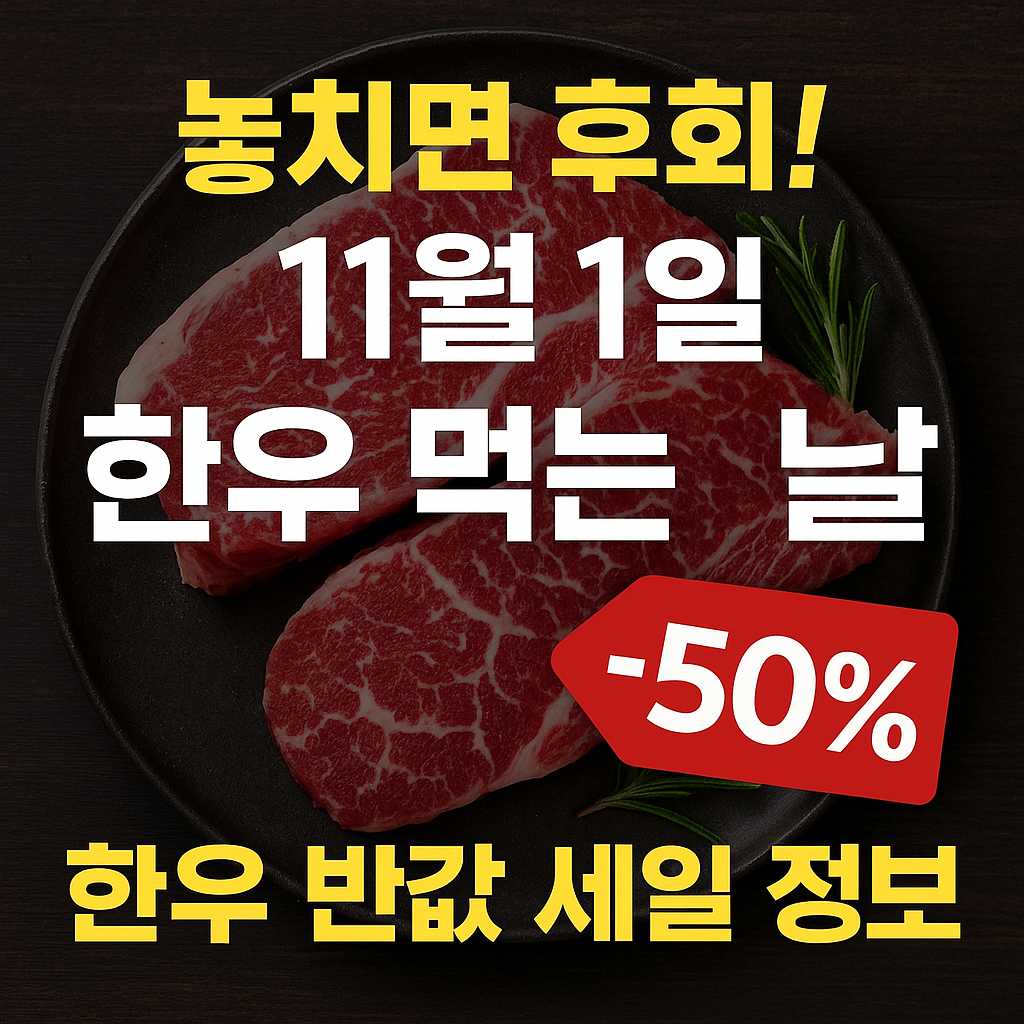 놓치면 후회! 11월 1일 한우 먹는 날 반값 세일 정보 - 50% 할인 이벤트와 고급 한우 이미지가 포함된 프로모션 썸네일