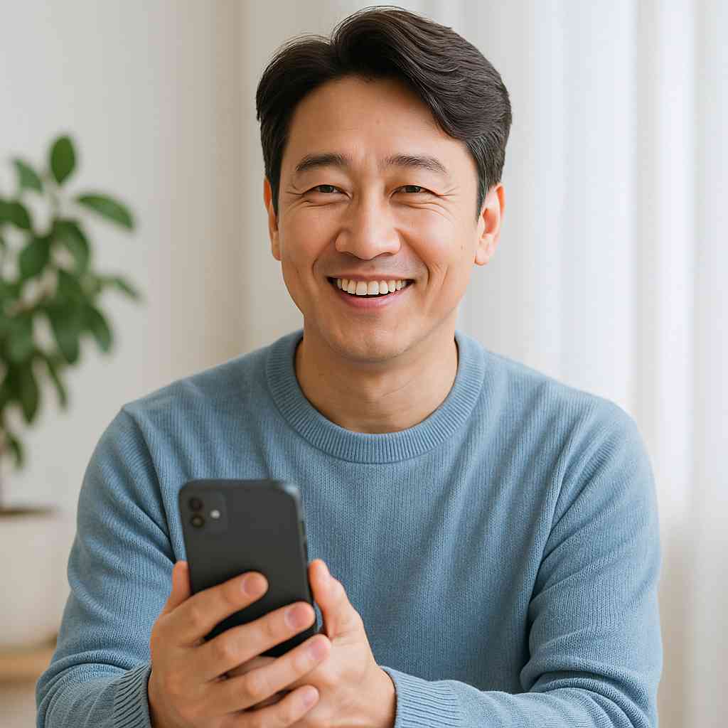 알뜰폰 요금제를 사용하는 중장년 남성의 미소 짓는 모습