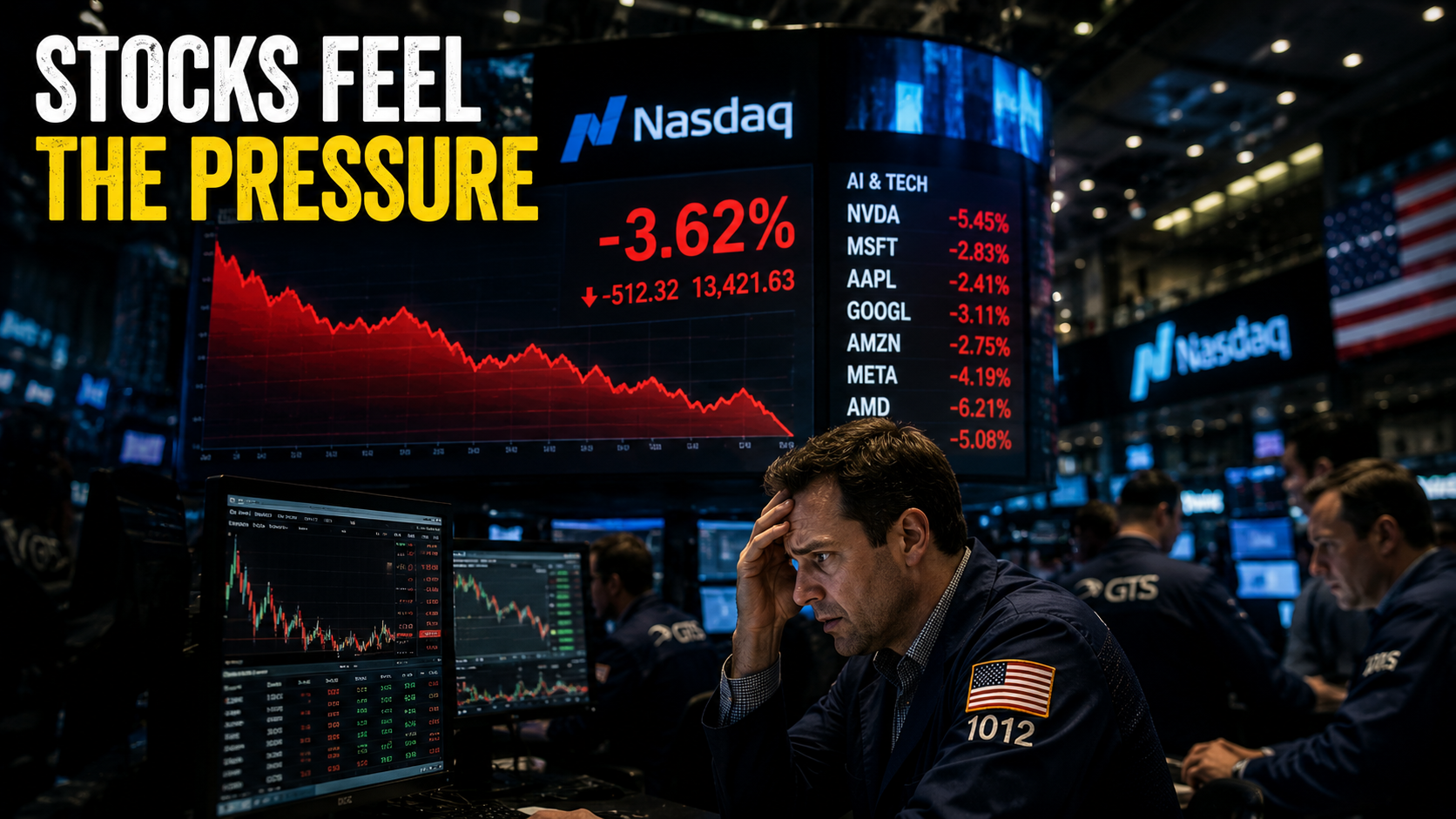 Stock trader watching technology stocks decline after interest rate increases