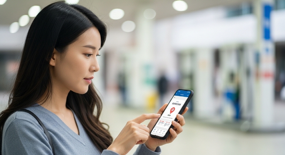 스마트폰으로 주유소 위치 검색 중인 30대 여성