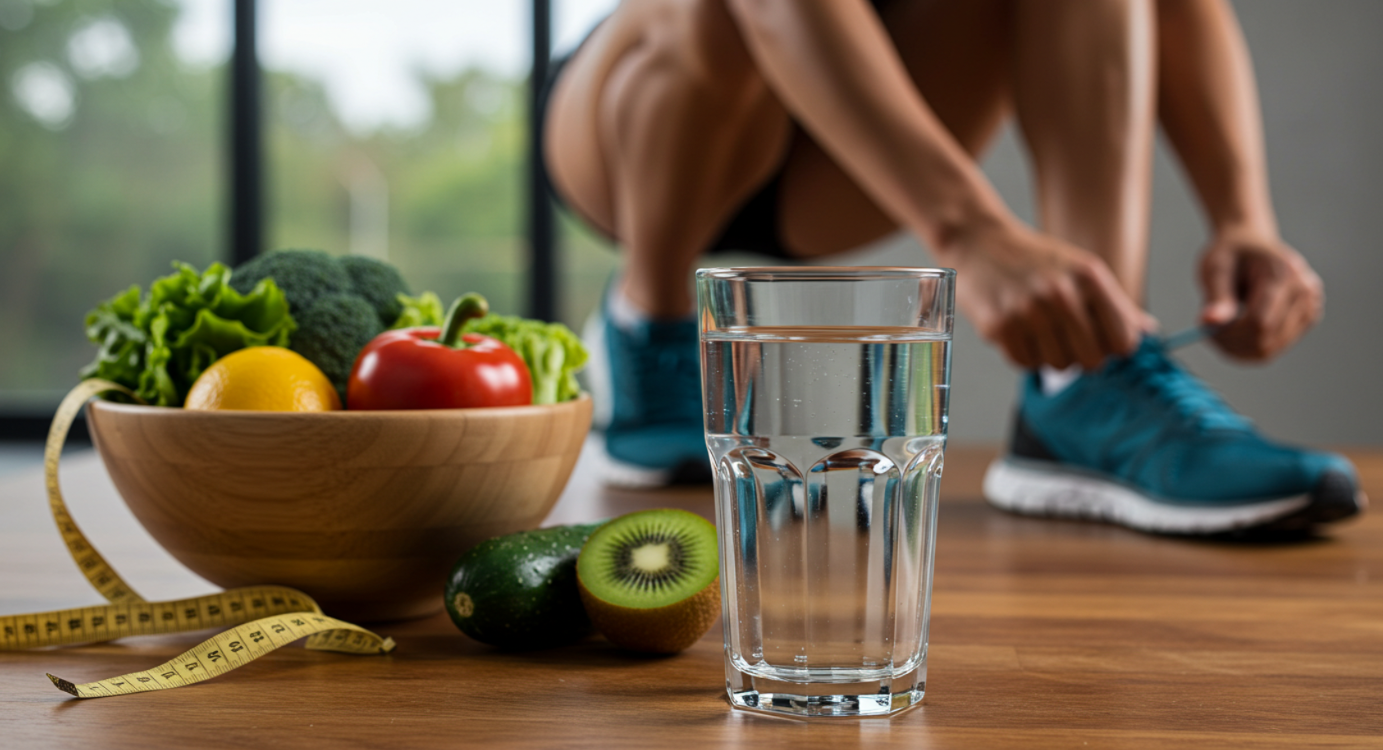 운동하려는 사람과 그 앞에 과일바구니, 물이 들어있는 컵이 놓여 있다
