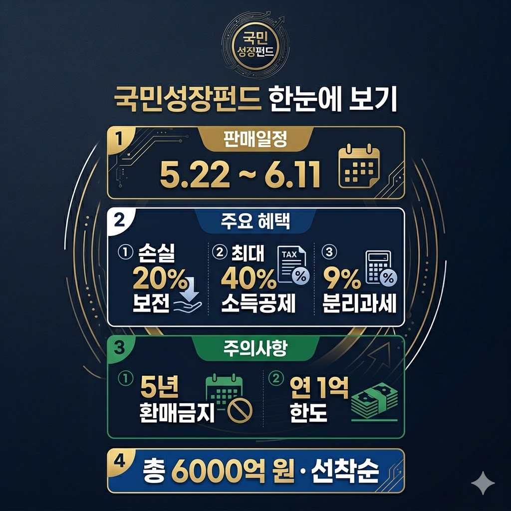 상단에 &ldquo;국민성장펀드 한눈에 보기&rdquo; 헤더.
전체를 4개의 수직 블록으로 나누어 구성:

상단 블록 &mdash; 판매일정 (5.22 ~ 6.11)
중간 블록 &mdash; 주요 혜택 (손실 20% 보전 / 최대 40% 소득공제 / 9% 분리과세)
하단 블록 &mdash; 주의사항 (5년 환매금지 / 연 1억 한도)
각 블록은 색상으로 구분 (골드&middot;블루&middot;그린)하고, 아이콘과 큰 숫자를 활용.
맨 아래에 &ldquo;총 6000억 원 &middot; 선착순&rdquo; 배너.