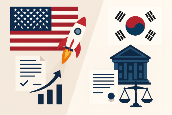 미국과 한국의 기업 설립 및 운영 문화를 대비한 일러스트. 왼쪽은 로켓과 상승 화살표로 표현된 미국 기업, 오른쪽은 안정된 건물과 서류로 표현된 한국 기업을 묘사하여 자유와 규제의 차이를 강조한다.