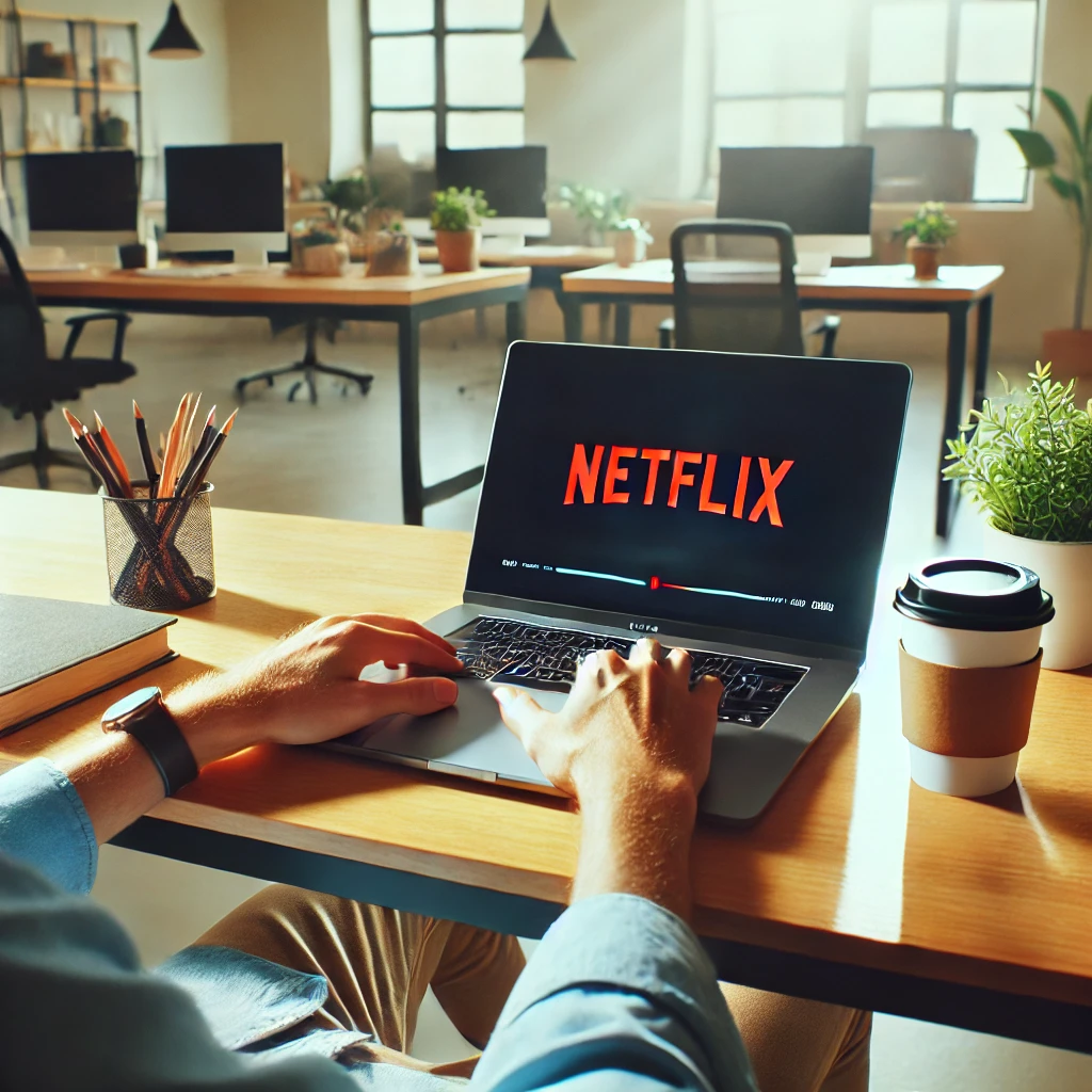 모던한 사무실에서 노트북으로 넷플릭스를 시청하는 사람