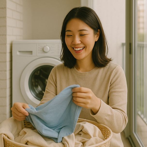 세탁물을 즐겁게 정리하는 모습
