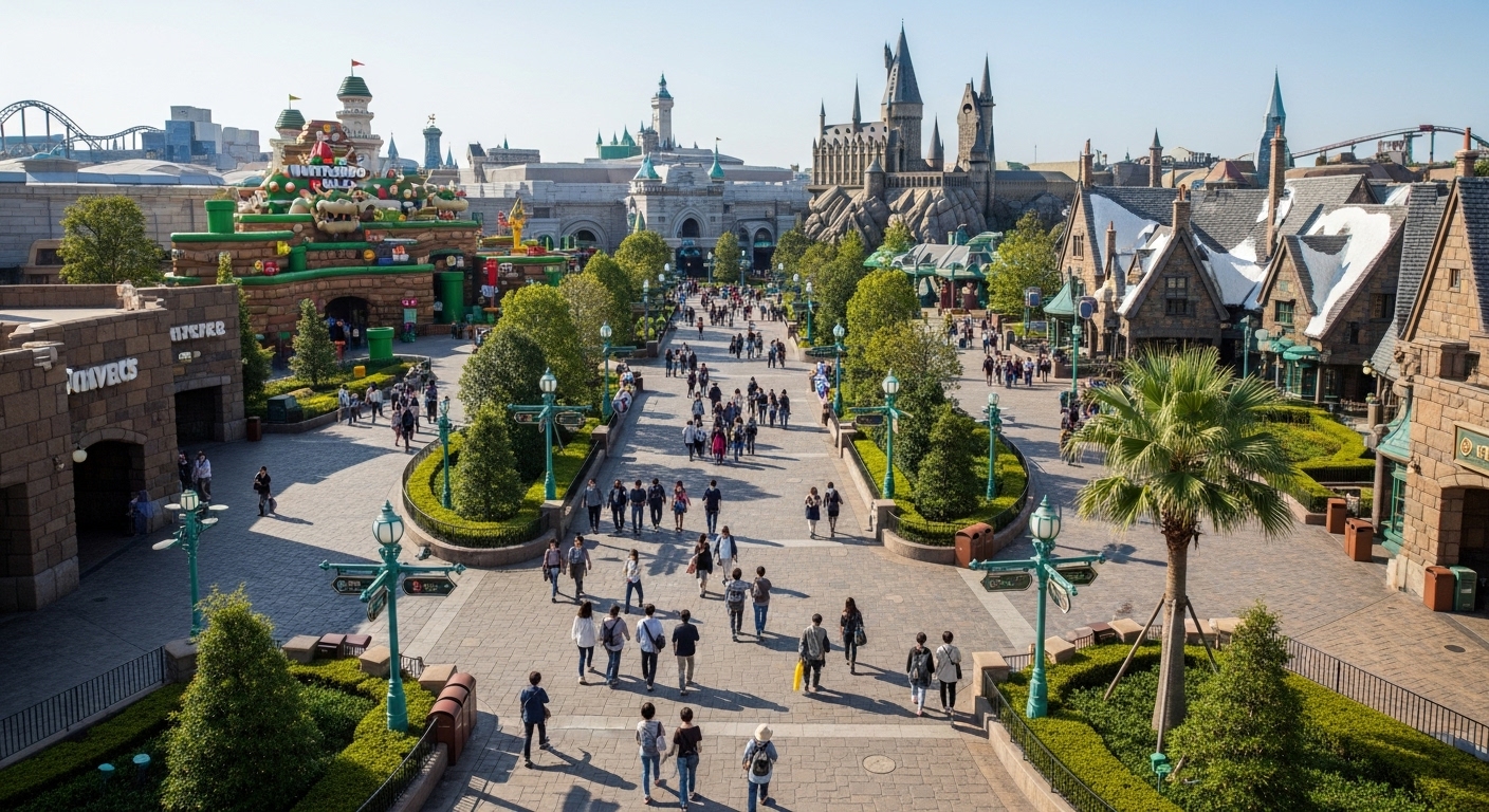 오사카 유니버셜 스튜디오 주요 테마 구역을 효율적으로 연결하는 동선 계획 지도.