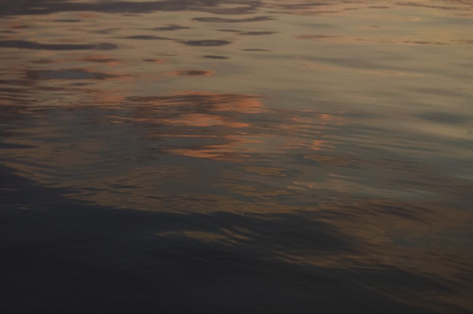 A peaceful reflection of the sunset on a calm water surface, capturing nature's tranquility.