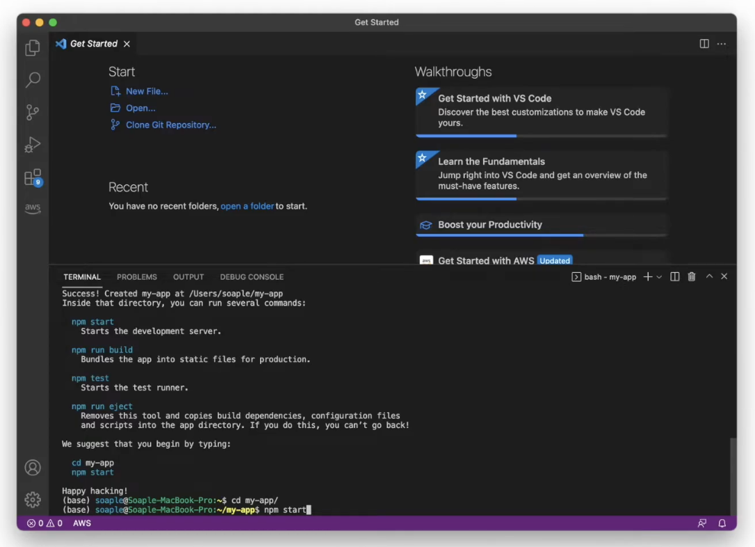 npm start 실행 후 개발 서버가 실행되는 모습의 터미널 화면
