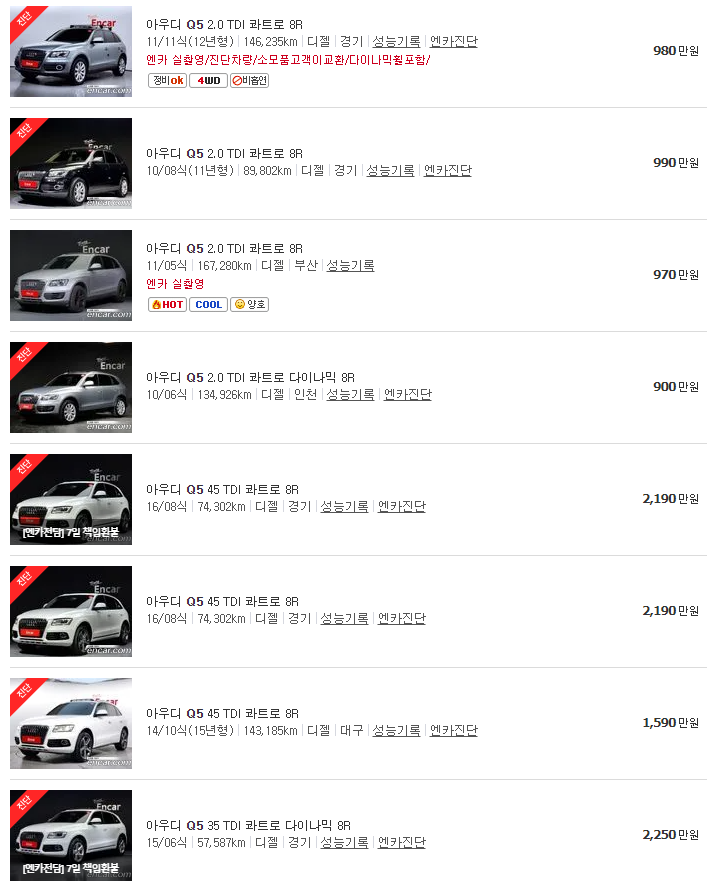 아우디 Q5 중고차 가격